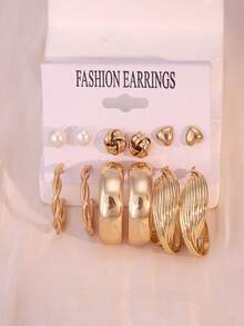 24-12pcs Fashionable & Elegant Heart Shape And Striped Women Metal Earrings Set, Rhinestone Inlaid Earrings And Simple Stud Earrings, Suitable For Daily Life And Summer Vacation Wear
