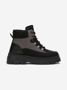 Casual Color Block Lace-Up Trapper Boots For Daily Wear - Dark Grey - View 3