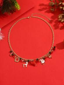 1pc Christmas Series Colorful Cartoon Santa Claus, Snowman, Heart, Reindeer, Bow, Wreath, Boot Pendant Necklace, Holiday Sweater Chain, Choker, Gift For Friends, New Year Gift