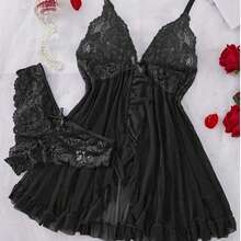 SOFUSEN 3pcs/Set Women Sexy Deep V Lace Lotus Lingerie Set, Versatile Sexy Sleepwear For Bedroom, Bathroom, Party - Black - View 7