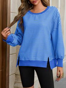 Fisoew Women's Fall Y2K Oversized Outdoor Sweatshirt, Casual Waffle Knit Long Sleeve Top, Split Hem Tunic Pullover For Hiking Camping Aesthetic - 藍色 - 查看 6