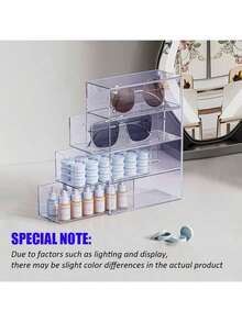 1 pieza Caja de almacenamiento de gafas y gafas de sol de 4 capas y 4 cajones semi-transparentes extraíbles, estuche de exhibición de escritorio apilable de 4 niveles a prueba de polvo, organizador de cajón de papelería