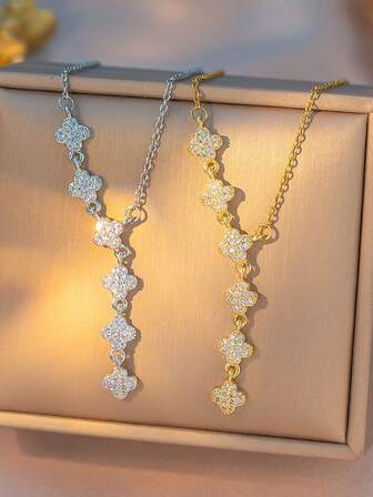 1pc Stainless Steel Luxury Tassel Clover Micro-Inlaid Full Diamond Necklace, Exquisite Sparkling Floral Collarbone Chain, No Gift Box