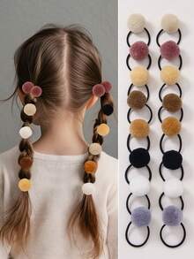 10pcs/Set Toddler Girls' Cute Fuzzy Ball Hair Ties, Random Colors, Princess Hair Accessories, Elastic Hair Bands, Everyday Use