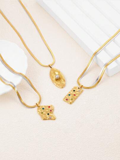 1pc Stainless Steel Bicolor Lobster Clasp Necklace With Asymmetrical Rhinestone Pendant, Suitable For Women