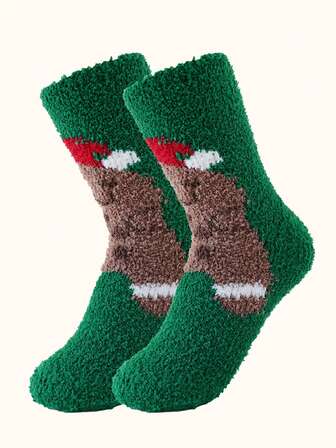 Calcetines largos de tripulación suaves, esponjosos y cómodos de color rojo con árboles verdes, para hombres en invierno en Navidad