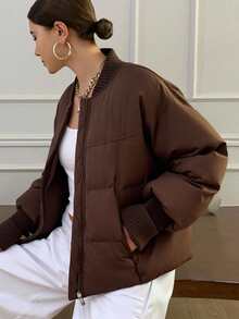 Livesso Einfarbige gerippte Patchwork Damen Daunenjacke für den Winter - Kaffeebraun - Übersicht 8