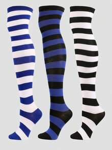 3 Pairs Striped Thigh High Socks, Cute & Casual, Suitable For Cosplay, Performance, Christmas, Halloween, Daily Wear