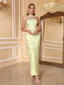 Love Aing Women's Yellow Rhinestone Scarf, Elegant Luxury Formal Evening Gown, Suitable For Formal Dinner, Business Party, Wedding Guest, Date Dress