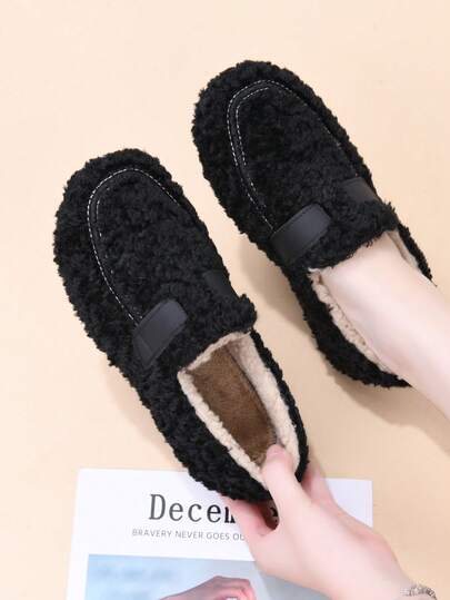 女士秋冬新款毛绒保暖一脚蹬平底鞋，保暖内衬，室内外穿着，保暖防滑，时尚百搭休闲靴，纯色面料