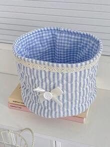 1 chiếc giỏ đựng đồ trang điểm dễ thương in hình sọc/kẻ caro/gấu, trang trí bằng nơ ruy băng, hộp đựng mỹ phẩm đa năng dùng để đựng son môi, cọ trang điểm, sản phẩm chăm sóc da, bút, kem dưỡng tay, kẹp tóc, điện thoại, tai nghe, v.v. - Nhiều màu - Xem 13