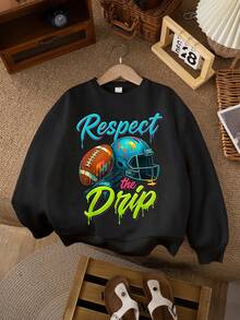 青少年男童休闲简约字母棒球印花运动风圆领长袖卫衣秋冬男童衣服儿童 - 黑色 - 查看 5