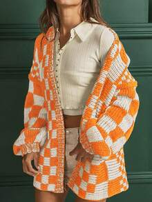 前开式混合格纹针织开衫 - 橘色 - 查看 5