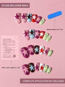 Bộ 24 miếng dán móng tay hình bầu dục nhiều màu sắc kiểu Pháp, hồng, đỏ, vàng, nâu, trắng, tím, họa tiết ngôi sao, kiểu công chúa, hoàn hảo cho móng giả acrylic, bao gồm 1 gel dẻo và 1 dũa móng, phù hợp cho phụ nữ và bé gái sử dụng hàng ngày, khi đi du lịch và dự tiệc. - Nhiều màu - Xem 3