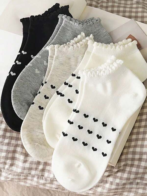 5 pares de calcetines de tobillo para mujer, calcetines de encaje con forma de corazón, adecuados para todas las estaciones, con colores aleatorios