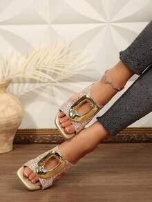 Teenage Girls' Square Toe High Heel Sandals With Metal Buckle Glitter Decoration, Fashionable & Comfortable Chunky Heel Slides Suitable For Outdoor Party, Prom, Casual Wear