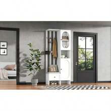 Compact Wardrobe 85*33.5*200 Cm, Home Furniture With 2 Wardrobes, Tempered Glass Storage Cabinet, Wardrobe Set, White Entrance Cabinet, Coat Rack With Shoe Bench And Cushions - White - View 6