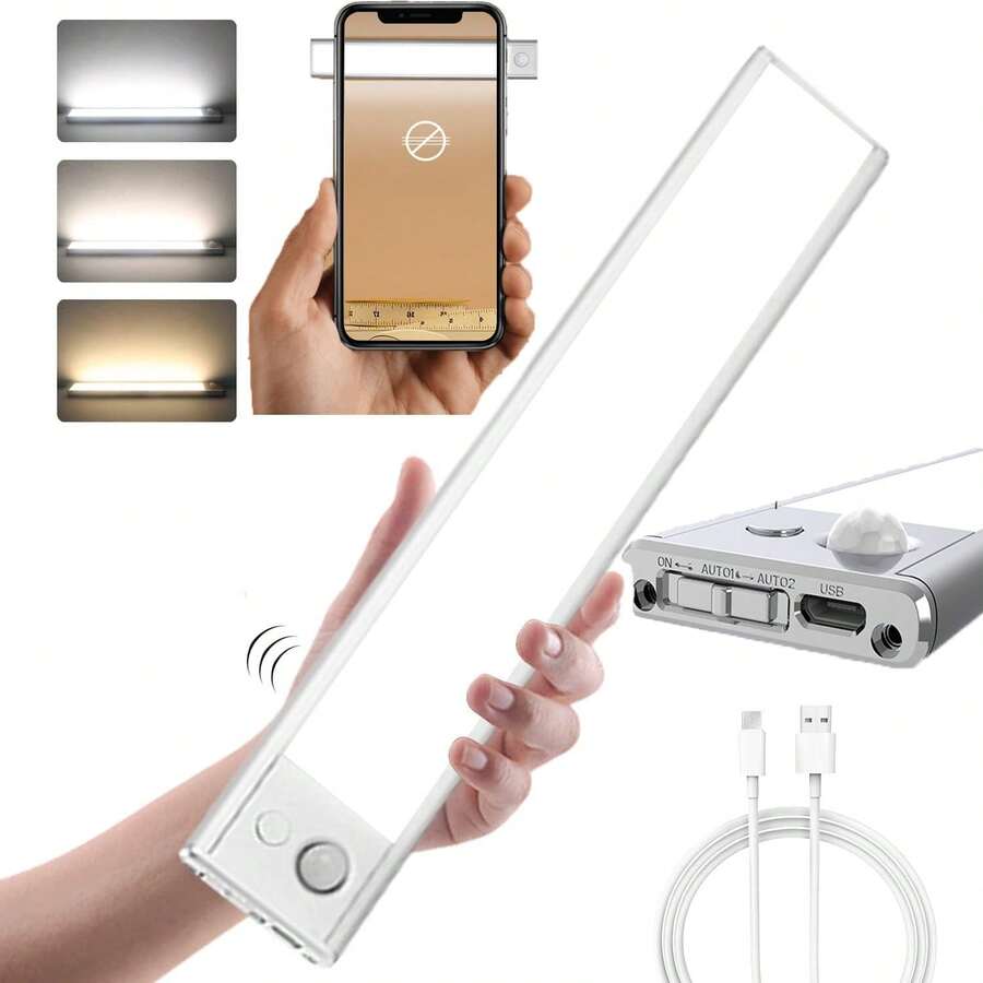 SEASKY Luz Led Sensor de Movimiento de 6000K con 74 Luz LED, Sin Parpadear, Protección Ojos,3 Color, 3M Inducción y Brillo Ajustable, Luces para Debajo Closet, Lampara Pared Led Recargable Barra - Plata - Ver 1