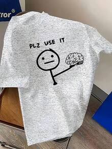 Men'S Funny Graphic T-Shirt - "PLZ USE IT" With Stick Figure & Brain Design - Royal Blue Crew Neck Tee - Lightweight Summer Shirt For Everyday Casual Wear - Funny Conversation Starter Apparel For Men, Humorous Clothing, Playful Design, Comfortable Fit, Statement Top, Humor Lovers, Humorous Apparel, Quirky Style, Breathable Material, Print Top, Humor Enthusiasts - 白色 - 查看 8