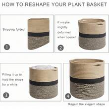 1个黄麻绳植物篮，现代编织收纳篮，适用于10英寸花盆，落地式室内盆栽植物收纳篮，绳索整理篮，农舍风格家居装饰，白色条纹 - 黃加黑 - 查看 10