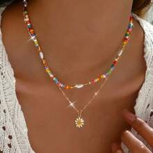 Handmade Adjustable Bead Flower Pendant Necklace - Colorful Rice Bead Flower Design, Gold Alloy, Casual Fashion Women's Accessories, Daily Wear Necklace| Vibrant Pearl Flower Design| Gold Color Surface Treatment, Flower Necklace - 1 cái - Xem 2