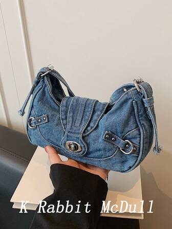 New Fashion Y2K Rivet Decorated Crescent Underarm Bag, Versatile Commuter Women's Jeans Shoulder Bag, Shoulder Bag Wallet, Suitable For Shopping And Commuting.