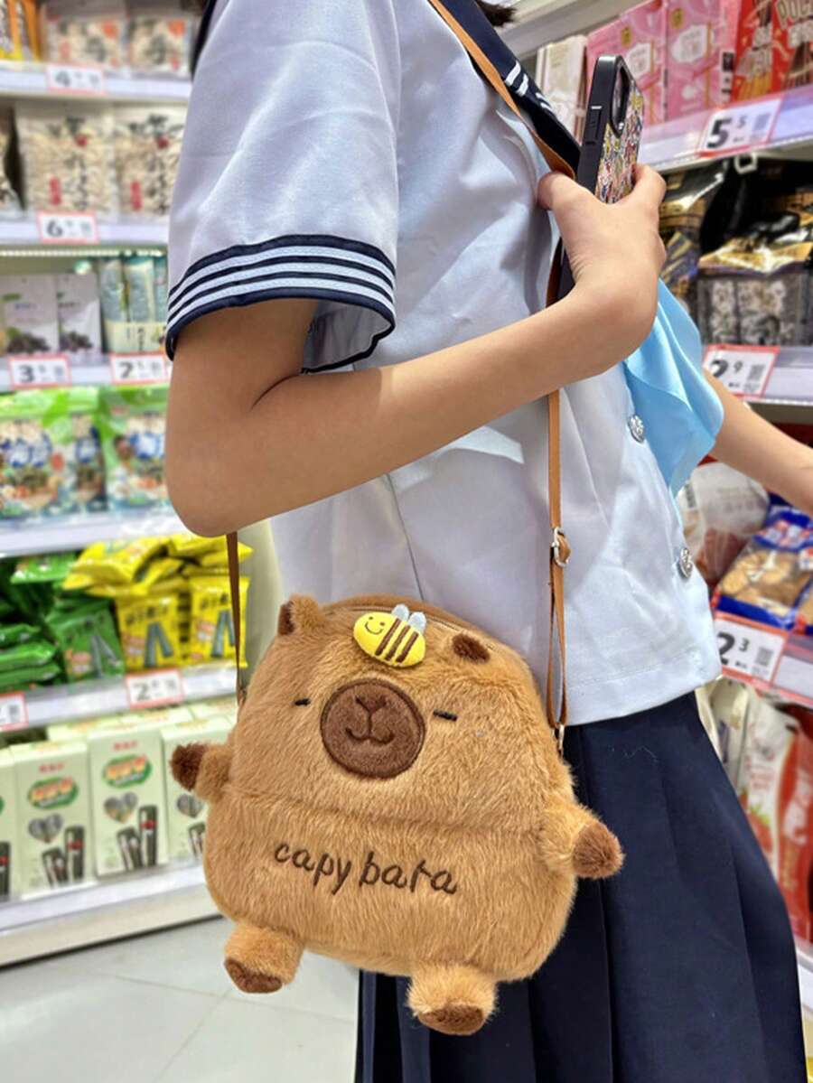 Fashionable Capybara Pattern Plush Crossbody Bag, Can Be Used As A Shoulder Bag, Handbag And Casual Bag, New Autumn And Winter Girl Bag, The Best Autumn Wallet. - Khaki - View 1