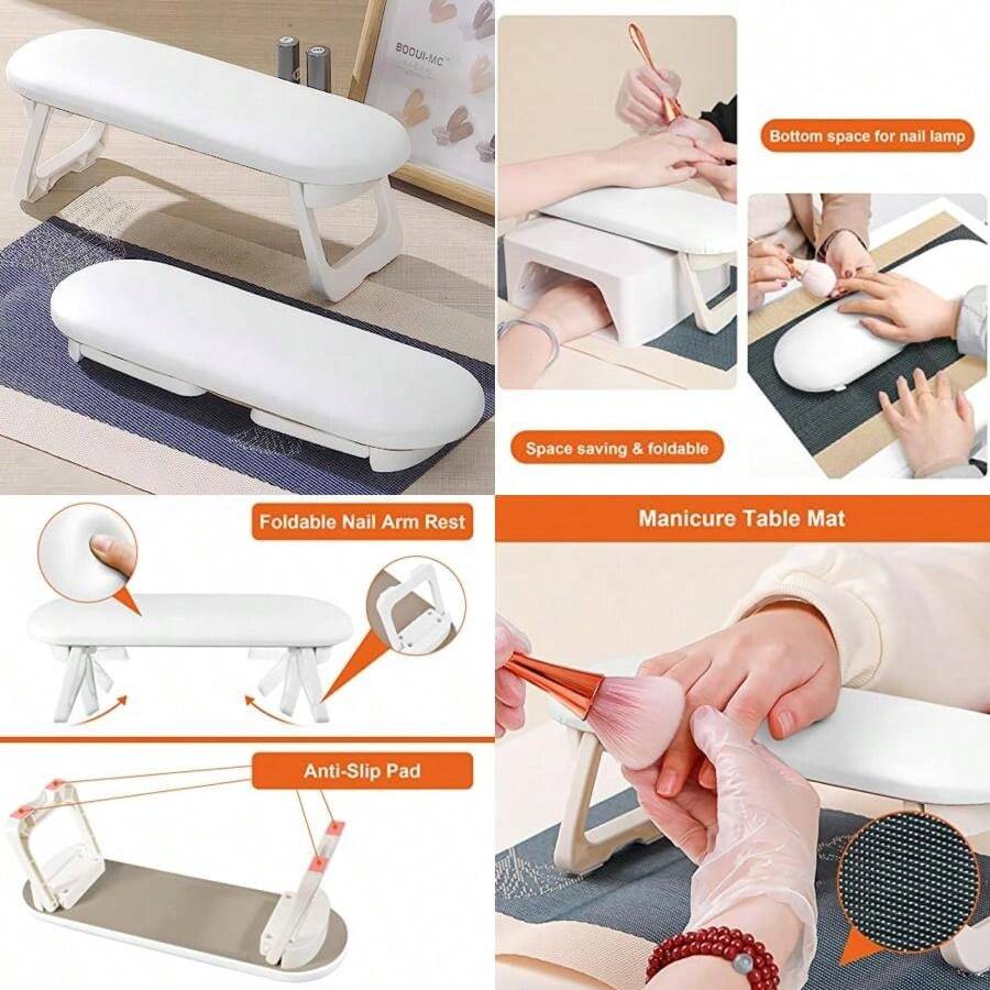 Diesisa Reposabrazos Para Uñas, Reposamanos De Piel Sintética Plegable Para Manicura, Con Tapete De Uñas Suave Para Mesa, Reposamanos Suave Para Uñas Acrílicas/Almohada De Mano De Uñas Para Uso En(Blanco) - Tipo 3 - Ver 1