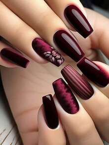 24Pcs Medium-Long Ballet Shaped Nails, Dark Red Tie Dye Floral & Striped Design, Versatile & Brightening, Reusable Nail Tips Suitable For Women & Girls, Music Festival, Valentine'S Day, New Year Party, Comes With 1 Nail File & 1 Nail Glue Press On Nails Nail Supplies Nails KMBF - 紅色 - 查看 2