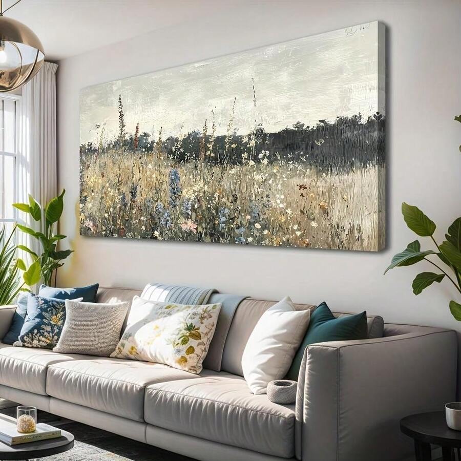 Vintage Wildflower Meadow Canvas Wall Art With Solid Wood Frame - Classic Oil Painting Style,Perfect For Living Room, Bedroom, Office Decor - Includes Hanging Hooks, Retro Decoration, Family Room, Bathroom, Porch - Nhiều màu - Xem 1