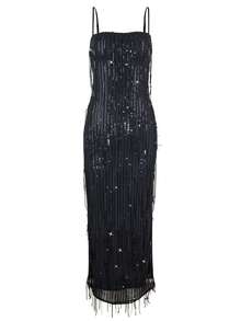 Adjustable Spaghetti Straps Sequins Tassel Fringe Fitted Maxi Slip Dress In Black - Black - View 8