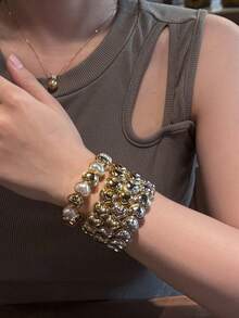 1 pieza Pulsera elástica minimalista y elegante con combinación de corazón de oro, plata y perla, adecuada para hombres y mujeres para uso diario y reuniones