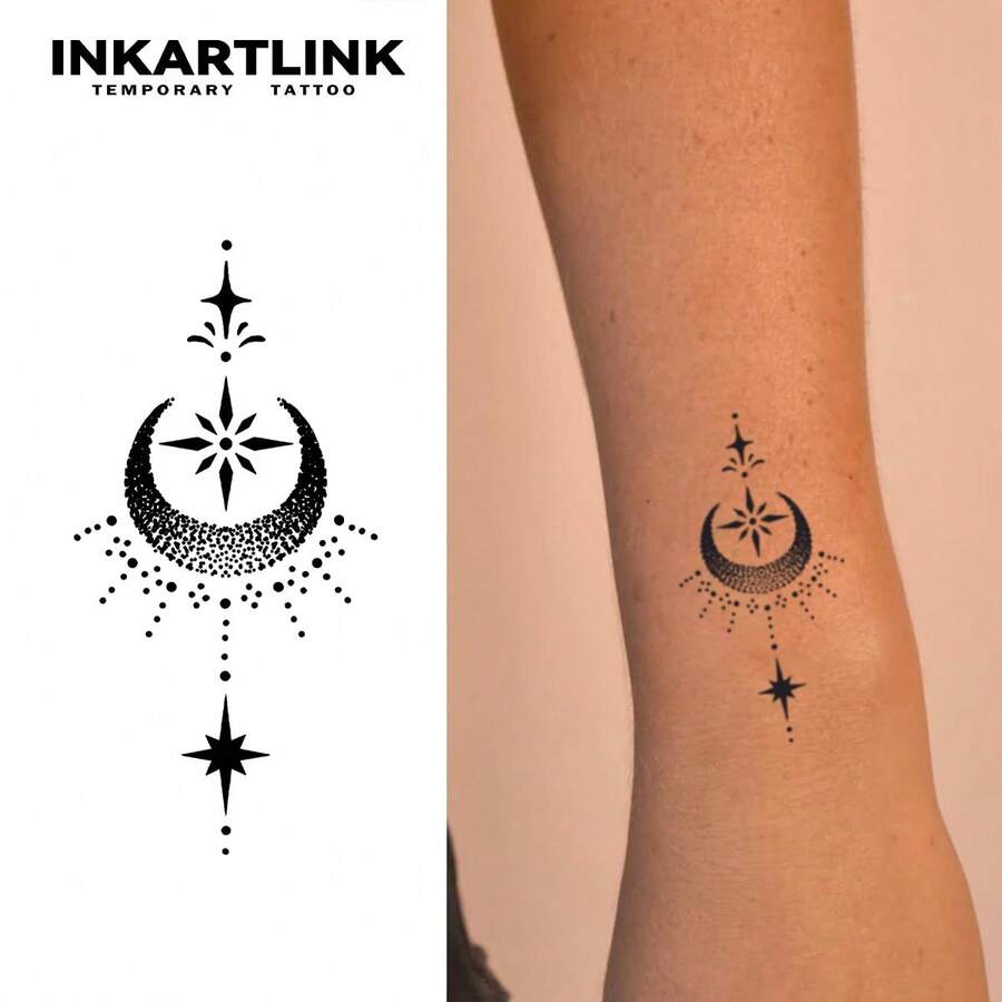 INKARTLINK Dark Moon Starry, New Moon Celestial Tattoo, Waterproof Long-Lasting 1-2 Weeks, Realistic Tattoo, Heartfelt Tattoo, Temporary Tattoo, Fake Tattoo, Authentic Tattoo Appearance, Niche Design Tattoo, Juice Tattoo - Black - View 1