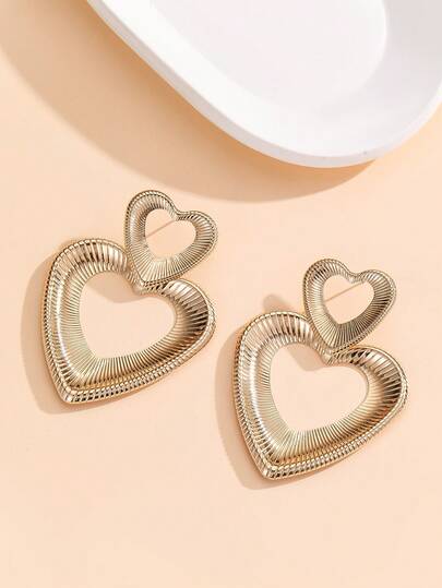 Vintage Asymmetric Design Personalized Exaggerated Fashion Heart Shaped Earrings, Textured Metal Texture Earrings