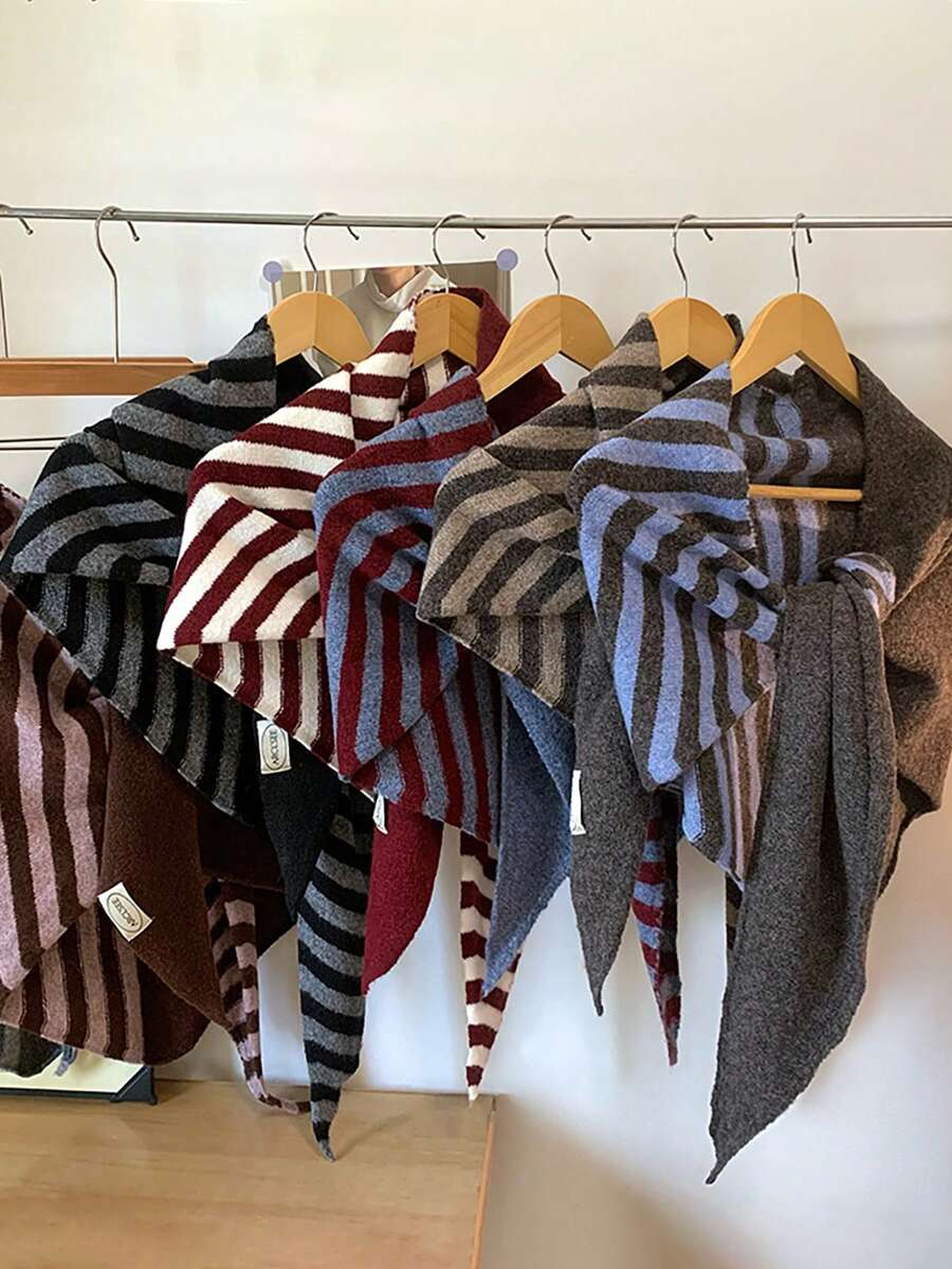 1pc Knitted Striped Color Block Triangle Scarf/Shawl