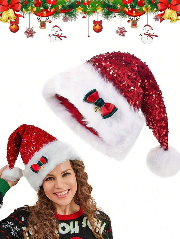 1 pieza Gorro de Papá Noel con lentejuelas, borlas y moño, 100% poliéster, lavable a mano, sin estiramiento, tejido artesanal, accesorio de disfraz para fiesta de Navidad (especificación para envío aleatorio)