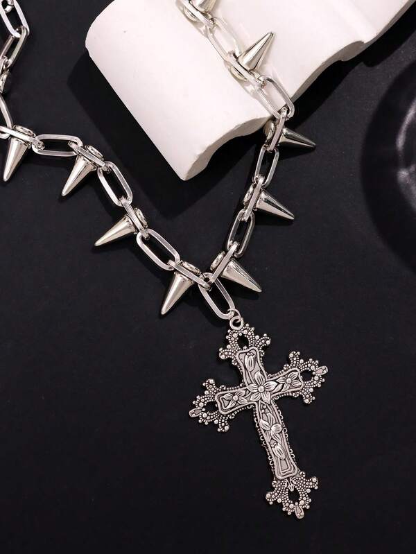 Colar com pingente de cruz com rebites prateados, joia unissex estilo punk minimalista, acessório versátil para uso diário feminino