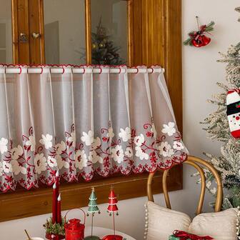 1pc Christmas Elegant Floral Embroidery Sheer Small Window Curtain, Rod Pocket Design, Suitable For Living Room, Bedroom, Balcony, Kitchen, Window Decor, Summer
