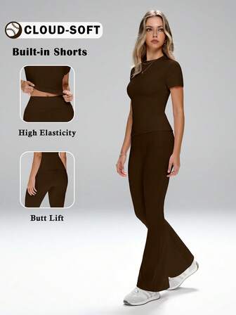 FWH "Daily-Wear Two Pieces Set For Women: Base-Style, Versatile And Conservative Design Suitable For Outdoor Commuting, Office, Fitness & Yoga. Features Sweet And Elegant Gentle Style, Slim-Fitting With Waist-Contracting Elastic Fabric. Round Neck, Short Sleeve Top Paired With High-Waist, Tummy-Control Micro-Flare Sports Pants For Leg-Lengthening Effect."