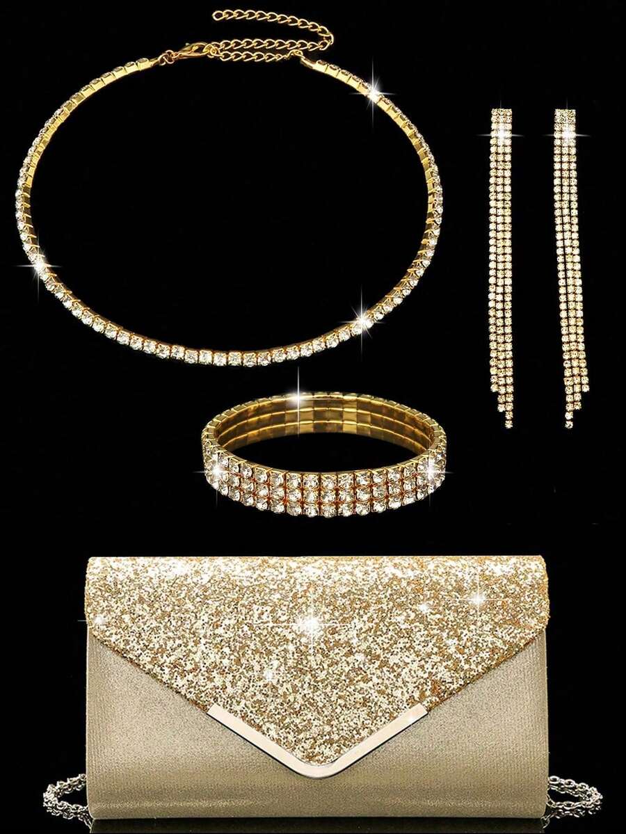 水钻珠宝闪亮项链耳环手镯套装，适合奢华信封手拿包，适合派对、浪漫婚礼、春夏链条单肩包、新娘包、正式舞会手拿包、优雅晚礼服包，非常适合派对婚礼舞会晚宴/宴会 - 金色 - 查看 1