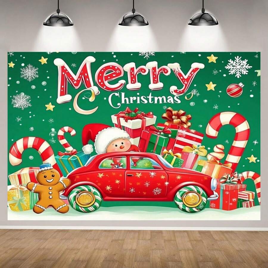 خلفية تصوير عيد الميلاد، لافتة خلفية عيد الميلاد المبارك مع بابا نويل والهدايا وتصميم البلورات الثلجية لاستخدامات متعددة، مناسبة للحفلات الداخلية والخارجية