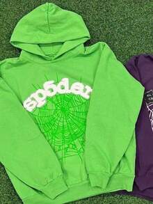 Spider Web Fashion Hip-Hop Printed Flower Hoodie, European And American  Brand Large-Sized Loose Men's And Women's Hooded Sweatshirt Set - 綠色套裝 - 查看 4