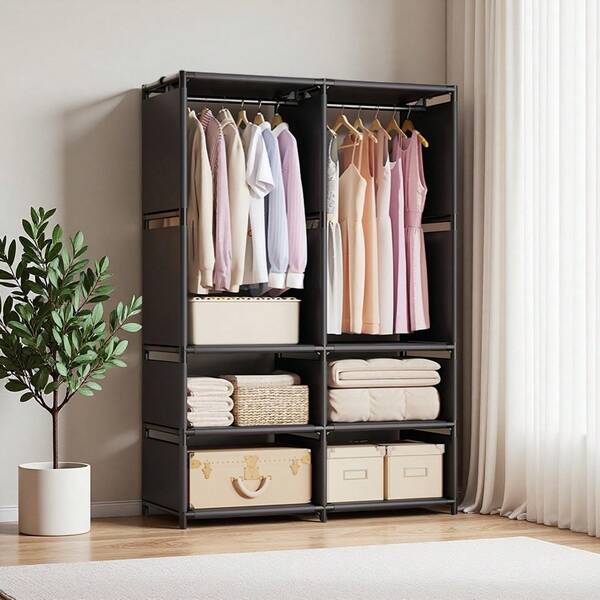 1 Simple Double-Row Wardrobe, 16mm Metal Tube And Thickened Connecting Tube, With 2 Hanging Areas, Large Capacity, Easy To Assemble And Disassemble, Portable Wardrobe, Wardrobe Storage System
