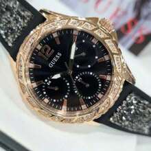 Guess Sparkling W1096L5 Casual Stylish Women's Silicone Strap Quartz Watch Black Round Dial Bezal With Crystals Fashion Lady's Watch Suitable For Daily Party Outdoor Wear Ideal Gift For Women