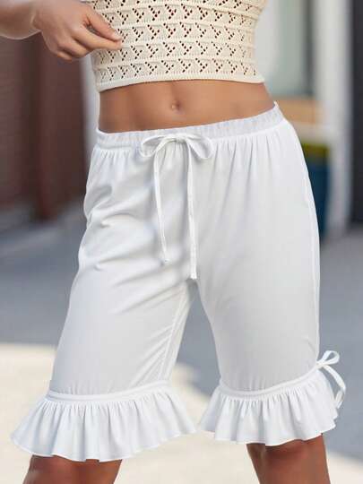 Women Long Bloomers Frilled Low Elastic Waist Knee Length Ruffle Shorts Casual Short Pajama Pants