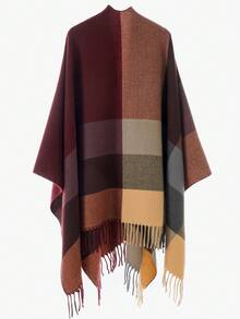 1件女士简约条纹撞色格子拼接斗篷披肩外套，休闲户外旅行保暖流苏围巾披肩，适合秋冬季日常穿着。 - 酒紅色-B - 查看 3