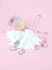 Set de 6 piezas Reloj de cuarzo con pulsera de unicornio para niñas, estilo europeo y americano lindo y dulce, luminoso LED, correa de silicona suave 3D, reloj de poni arcoíris + pulsera de cuentas de unicornio + collar + pulsera + aretes x2