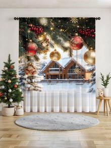 1 pieza Cortina transparente decorativa navideña, adecuada para sala de estar, dormitorio, cocina, fiesta navideña, árbol de Navidad, luces de Navidad, globos dorados, ramas de Navidad, 100g/㎡