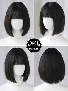 NAMM 12 Inch Black Short Bob Wigs For Women - Elegant Short Straight Hair Wig With Bangs, Premium Silky Synthetic Heat Resistant Costume Wig For Daily Wear, School & Music Festivals Celebrations Use. ,Halloween Cosplay Anime Or Costume Use