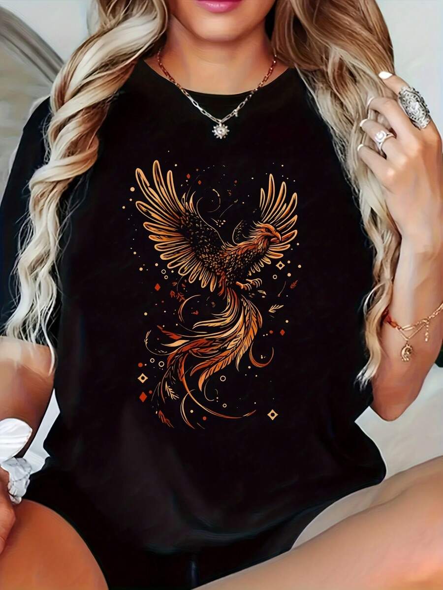 Plus Size Women's  T-Shirt With Phoenix Flame Print - Casual Everyday Wear For Spring And Summer,220g - Black - View 1